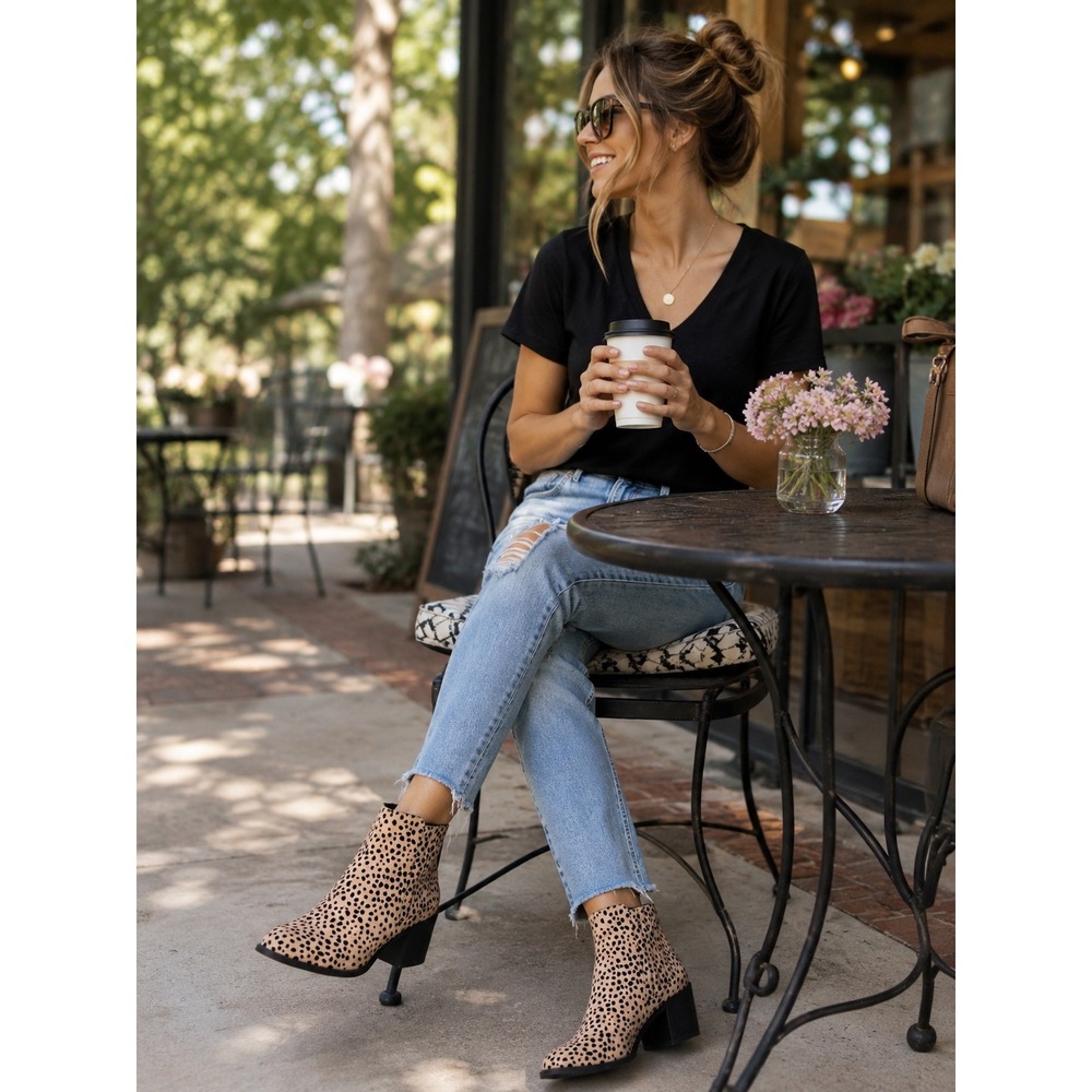Qupid Cheetah Ankle Booties Womens 8 Tan Black Leopard Animal Print Block Heel